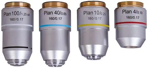 Набор планахроматических объективов Levenhuk MED 900 4x, 10x, 40xs, 100xs (масляный)